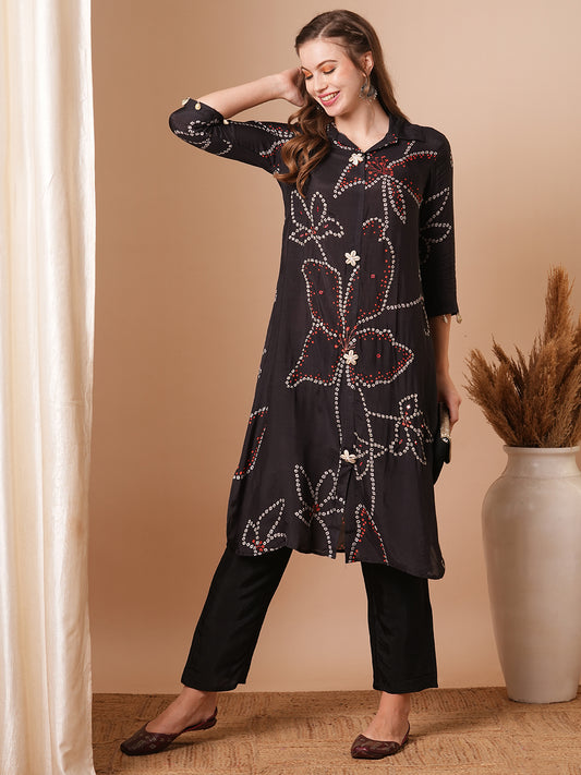 Ethnic Bandhani Printed & Embroidered Straight Fit Kurta with Pant - Black