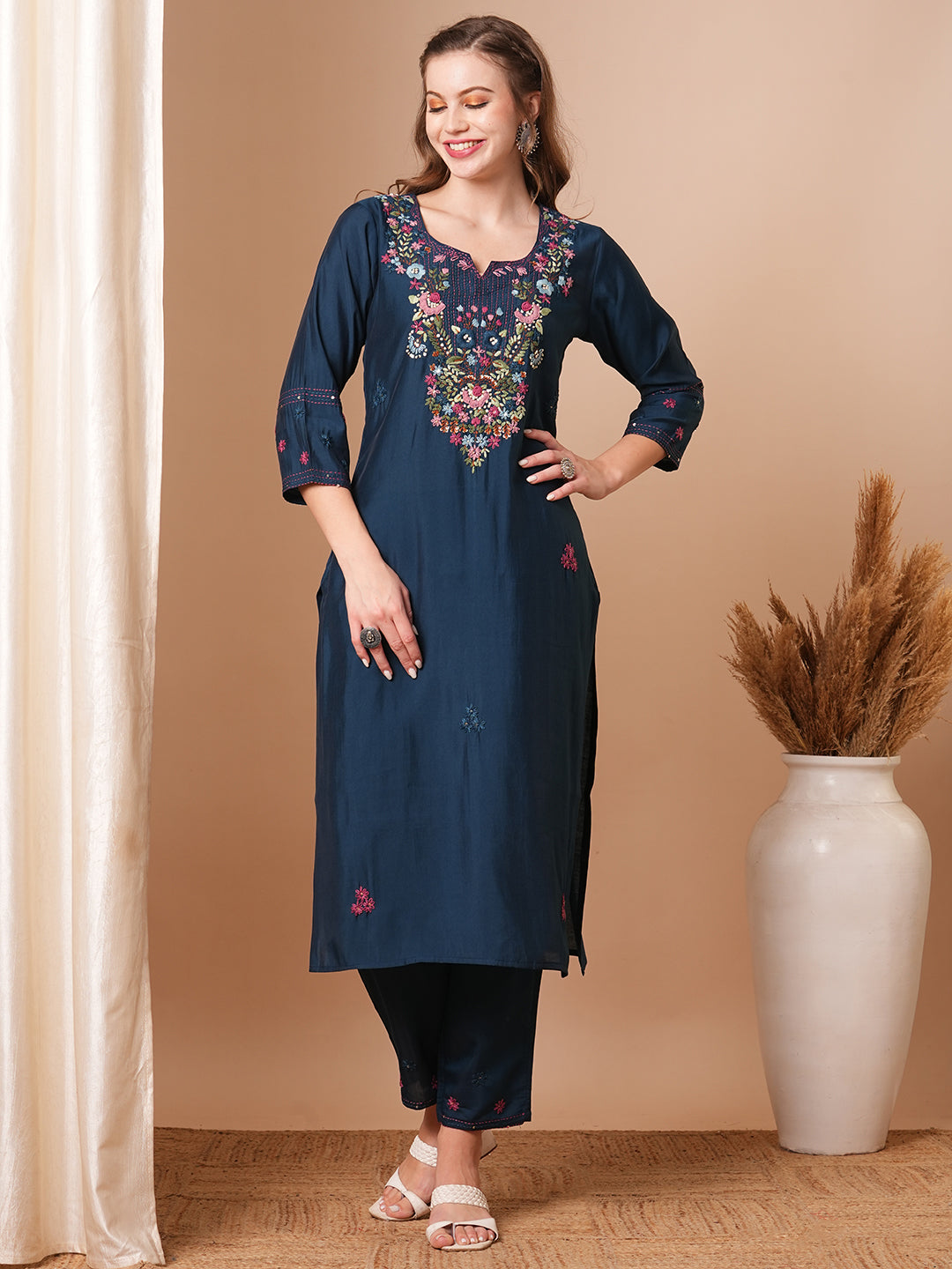 Floral Hand & Embroidered Straight Fit Kurta with Pant - Teal Blue