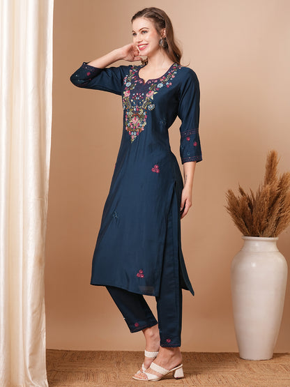 Floral Hand & Embroidered Straight Fit Kurta with Pant - Teal Blue