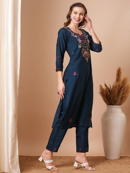 Floral Hand & Embroidered Straight Fit Kurta with Pant - Teal Blue