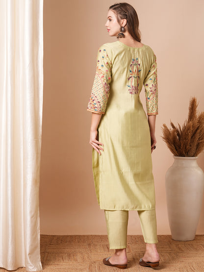 Solid Floral Hand Painted & Embroidered Straight Fit Co-ord Set - Green