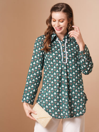 Geometric Printed A-Line Short Kurti - Green