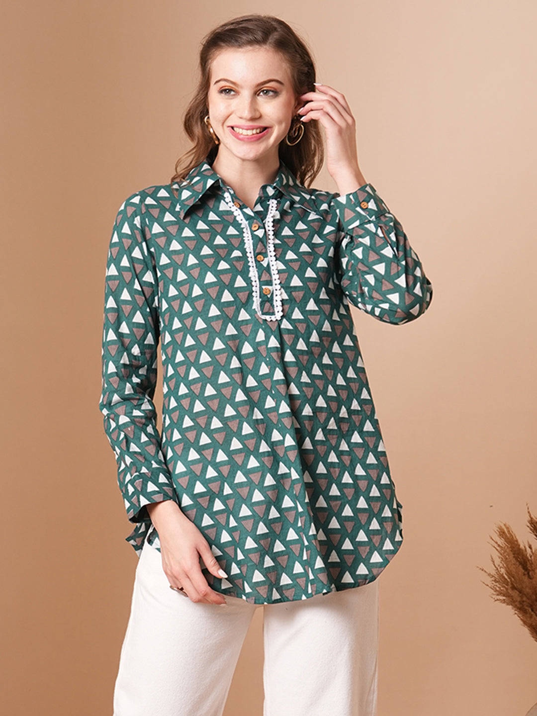 Geometric Printed A-Line Short Kurti - Green