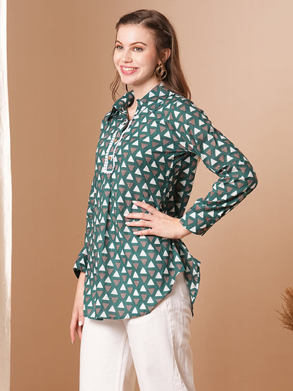 Geometric Printed A-Line Short Kurti - Green