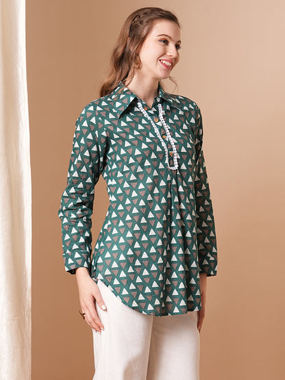 Geometric Printed A-Line Short Kurti - Green