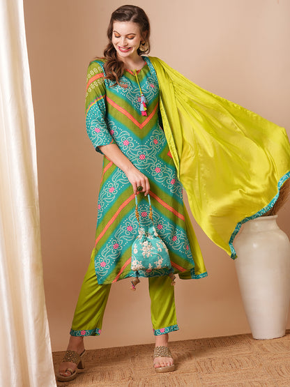 Bandhani Printed & Embroidered Straight Kurta with Pant & Dupatta - Lime Green