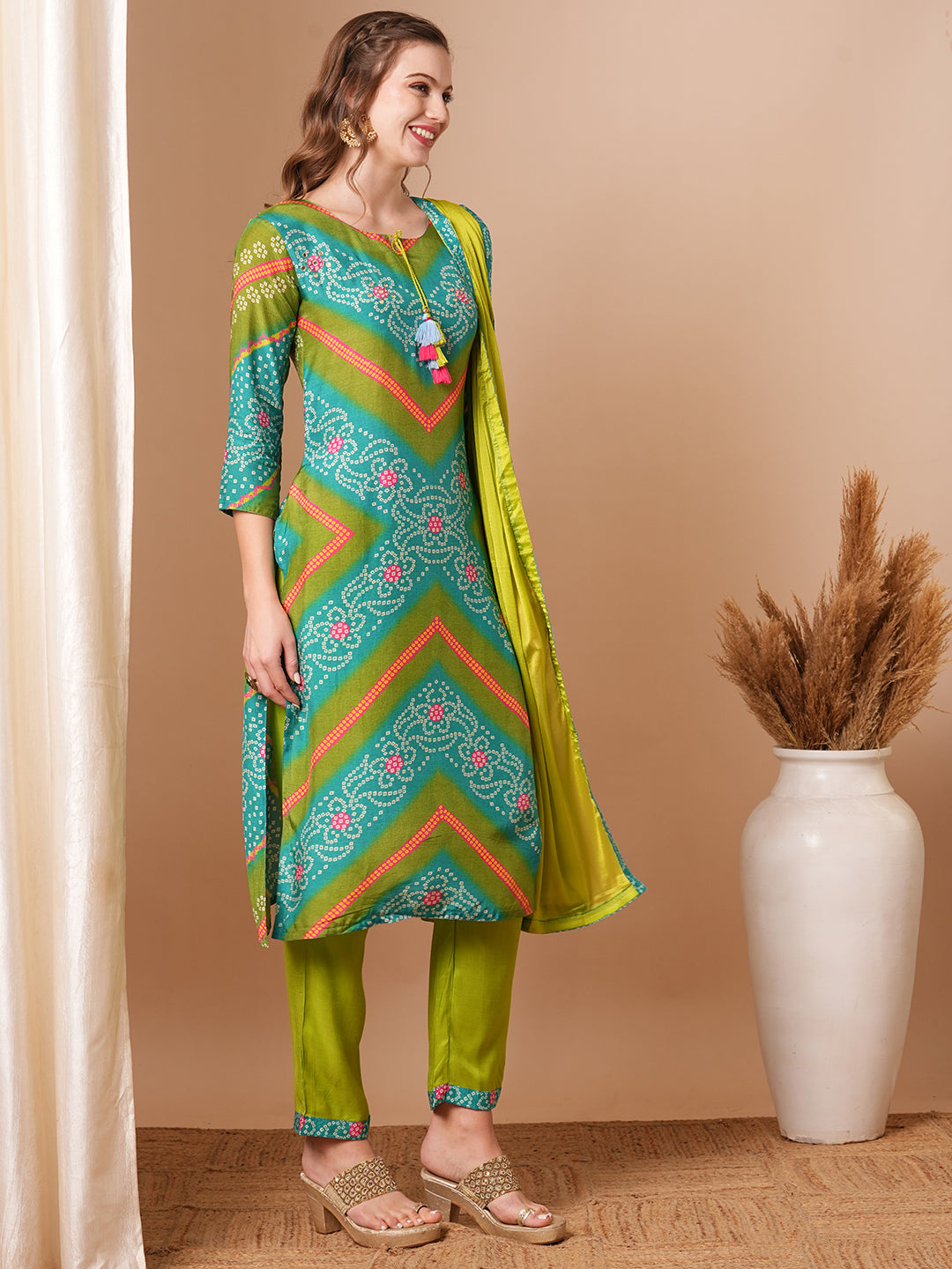 Bandhani Printed & Embroidered Straight Kurta with Pant & Dupatta - Lime Green