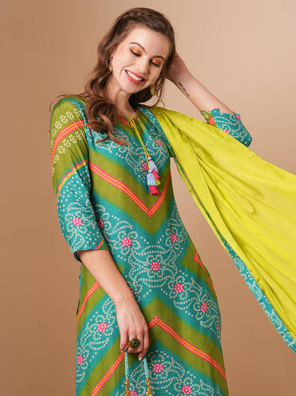 Bandhani Printed & Embroidered Straight Kurta with Pant & Dupatta - Lime Green