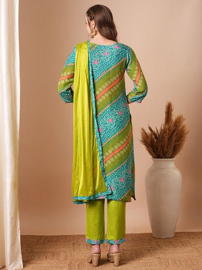 Bandhani Printed & Embroidered Straight Kurta with Pant & Dupatta - Lime Green