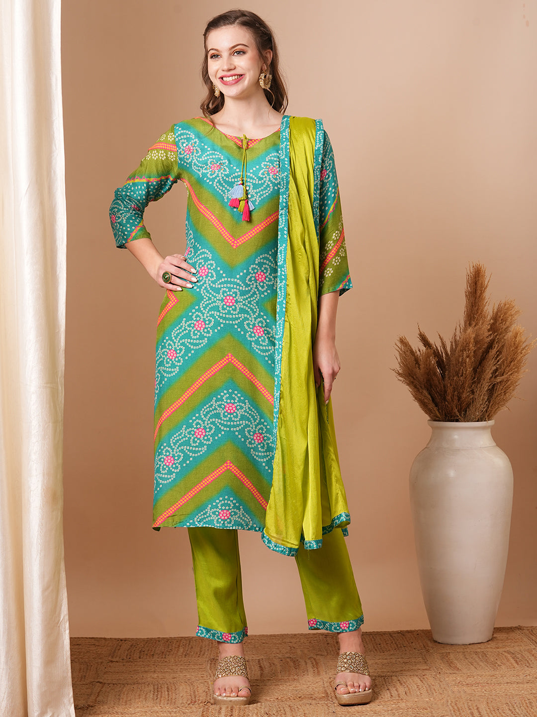 Bandhani Printed & Embroidered Straight Kurta with Pant & Dupatta - Lime Green