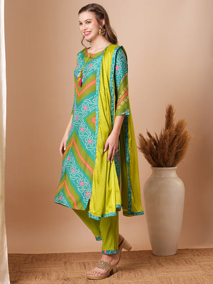 Bandhani Printed & Embroidered Straight Kurta with Pant & Dupatta - Lime Green