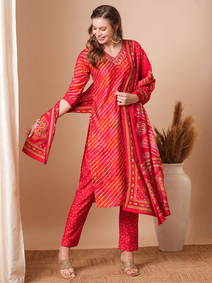 Leheriya Printed & Embroidered Straight Kurta with Pant & Dupatta - Red