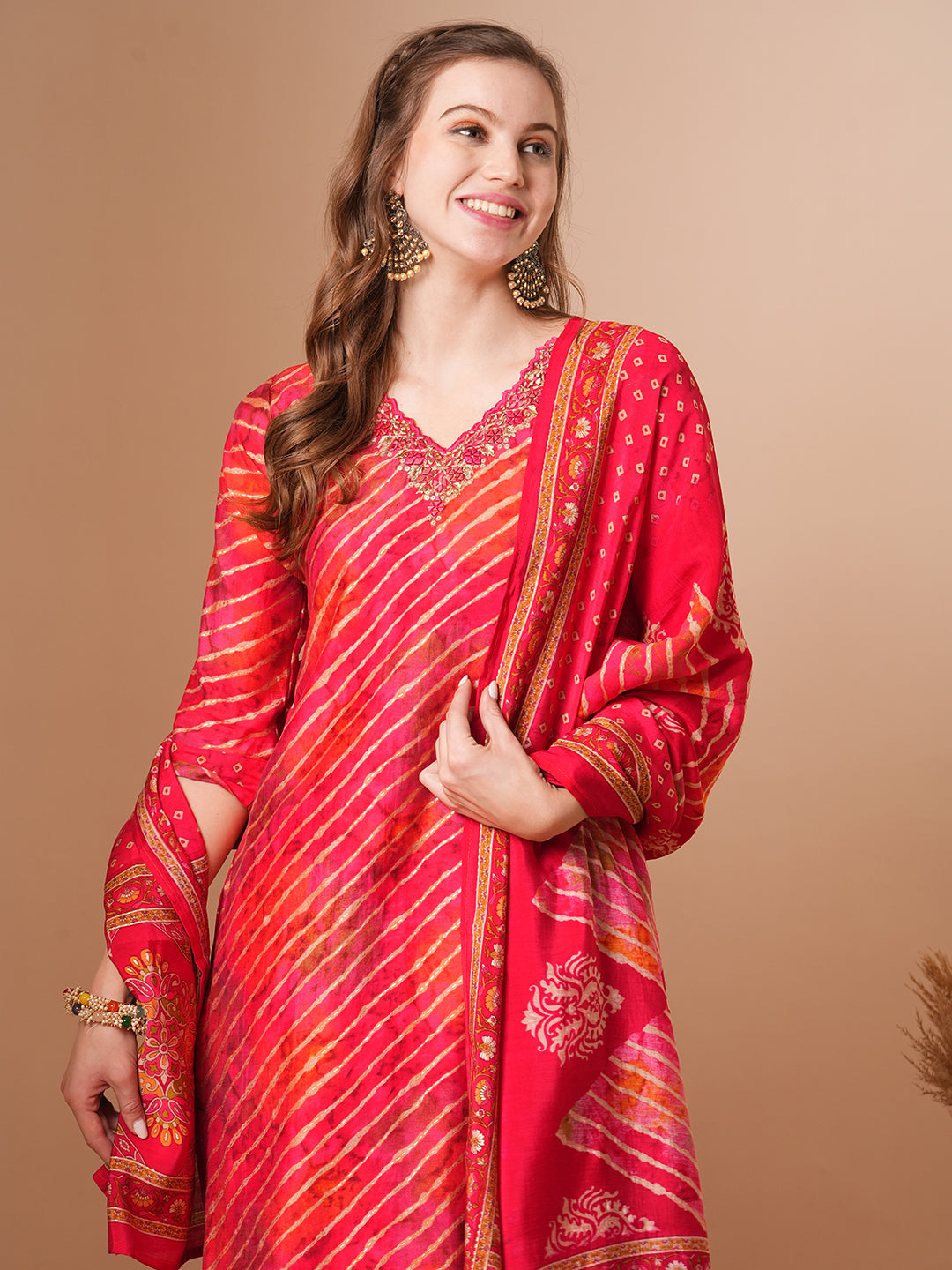 Leheriya Printed & Embroidered Straight Kurta with Pant & Dupatta - Red