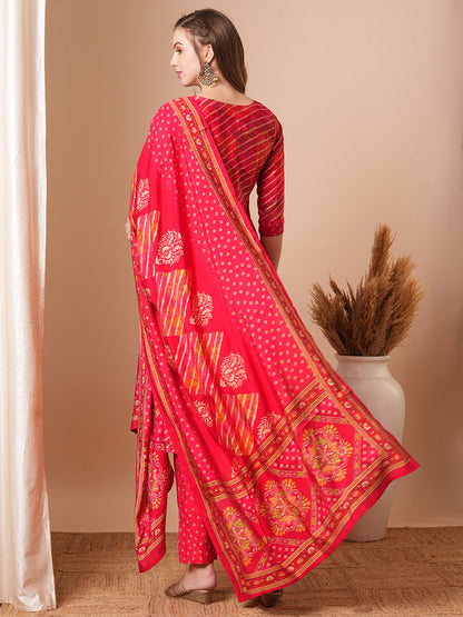 Leheriya Printed & Embroidered Straight Kurta with Pant & Dupatta - Red