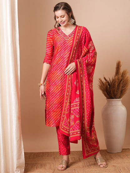 Leheriya Printed & Embroidered Straight Kurta with Pant & Dupatta - Red