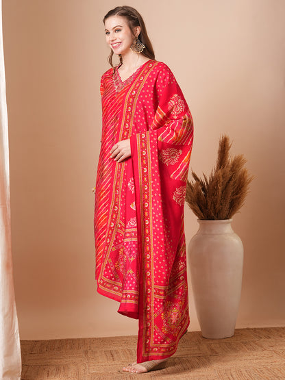 Leheriya Printed & Embroidered Straight Kurta with Pant & Dupatta - Red