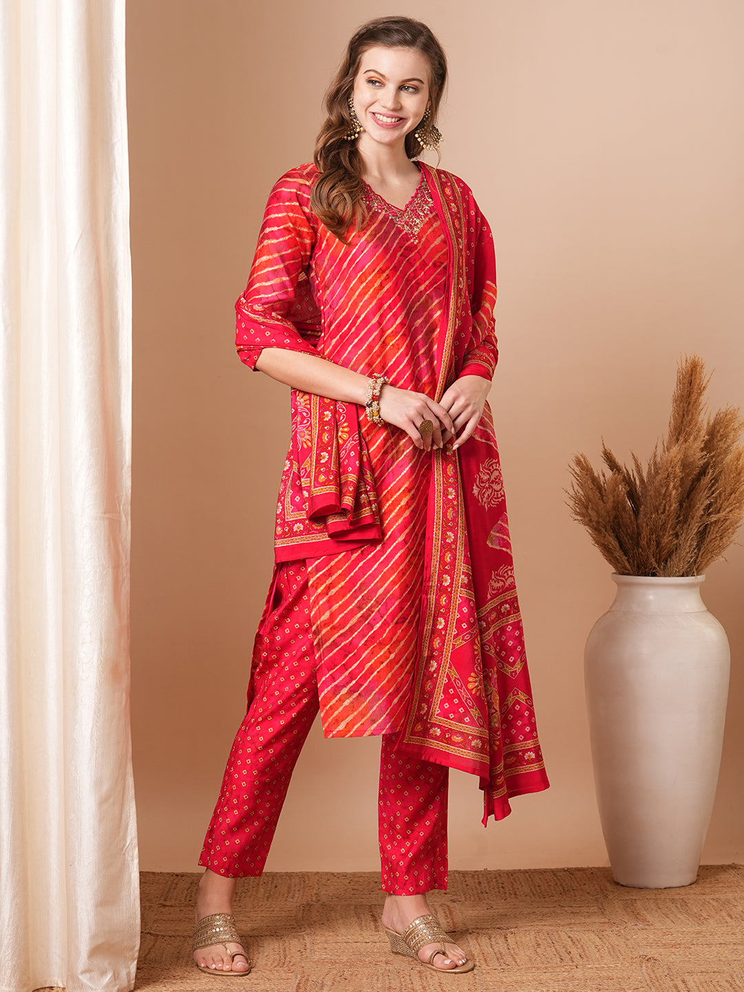 Leheriya Printed & Embroidered Straight Kurta with Pant & Dupatta - Red