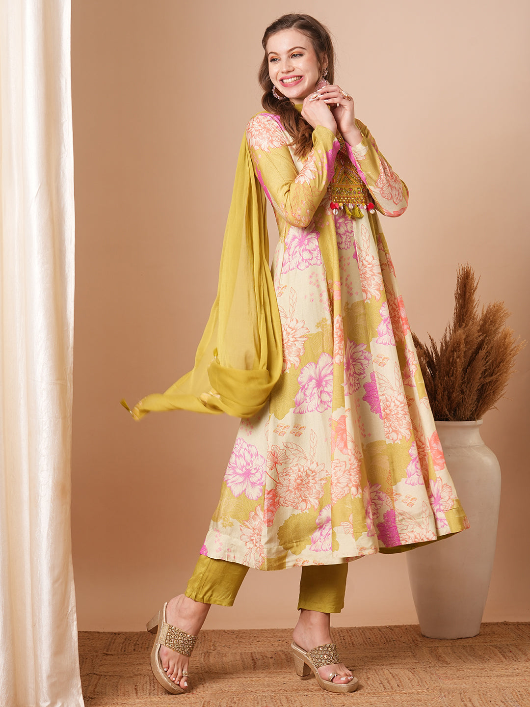 Abstract Floral Printed & Embroidered Anarkali Kurta with Pant & Dupatta - Multi