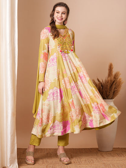 Abstract Floral Printed & Embroidered Anarkali Kurta with Pant & Dupatta - Multi