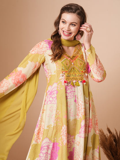 Abstract Floral Printed & Embroidered Anarkali Kurta with Pant & Dupatta - Multi