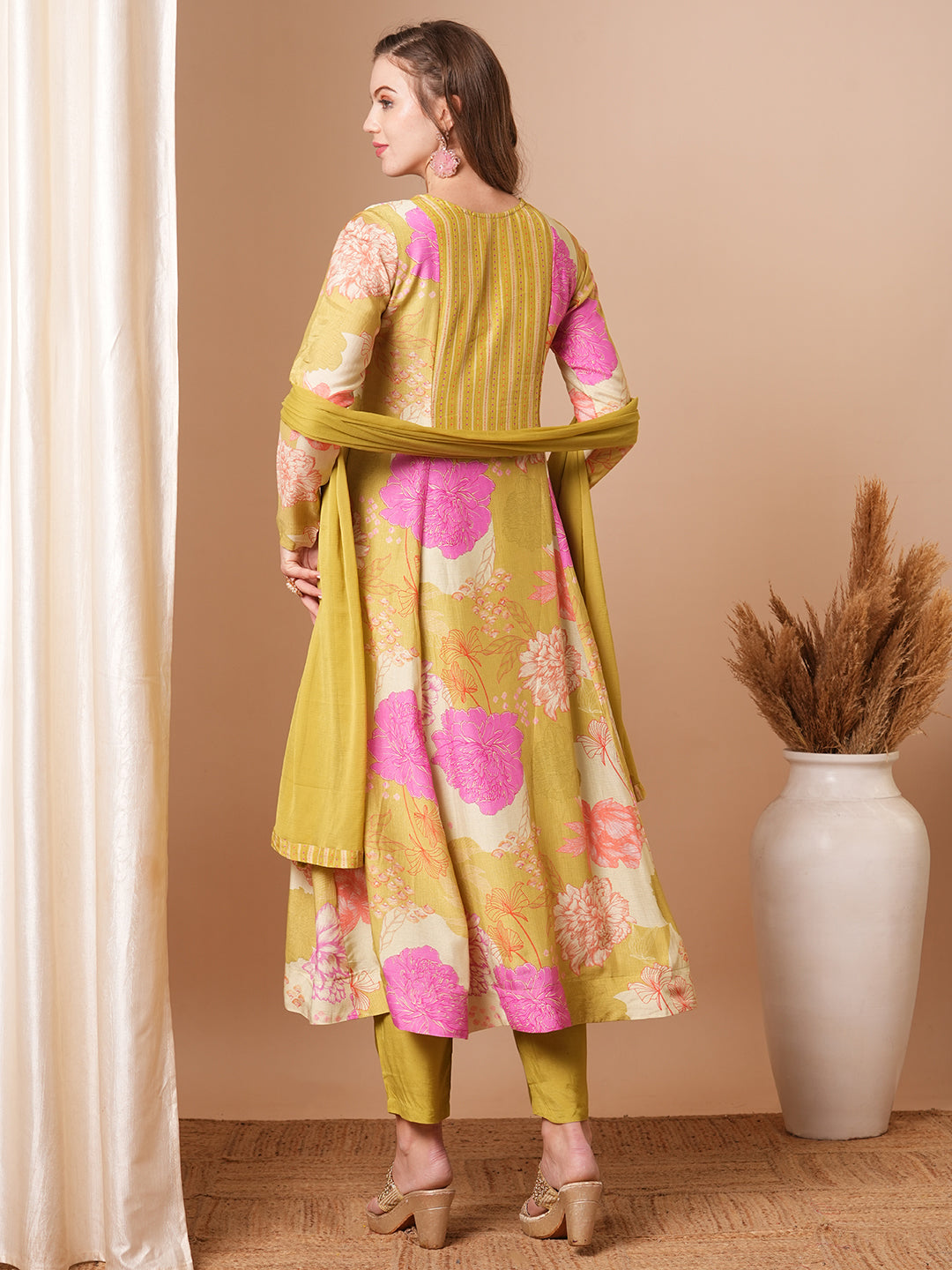 Abstract Floral Printed & Embroidered Anarkali Kurta with Pant & Dupatta - Multi