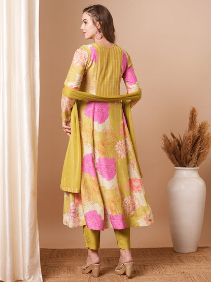 Abstract Floral Printed & Embroidered Anarkali Kurta with Pant & Dupatta - Multi