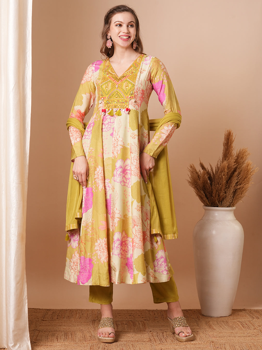 Abstract Floral Printed & Embroidered Anarkali Kurta with Pant & Dupatta - Multi