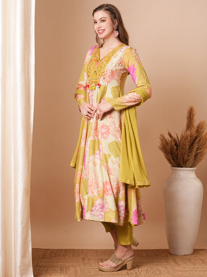 Abstract Floral Printed & Embroidered Anarkali Kurta with Pant & Dupatta - Multi