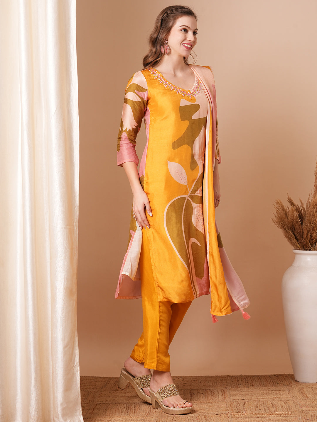 Abstract Printed & Embroidered Straight Kurta with Pant & Dupatta - Yellow