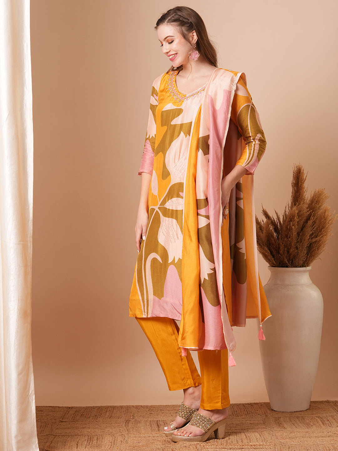 Abstract Printed & Embroidered Straight Kurta with Pant & Dupatta - Yellow