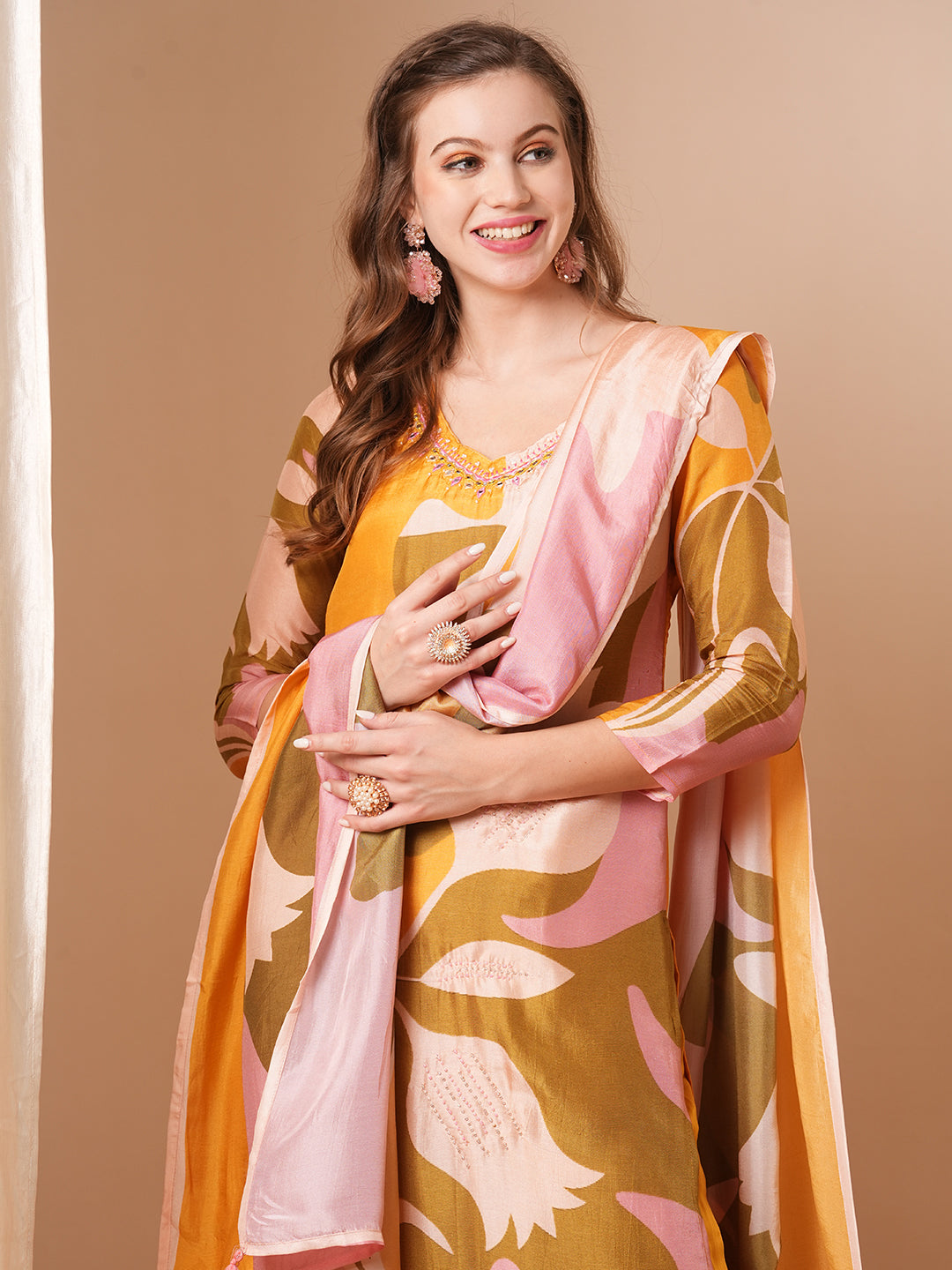 Abstract Printed & Embroidered Straight Kurta with Pant & Dupatta - Yellow