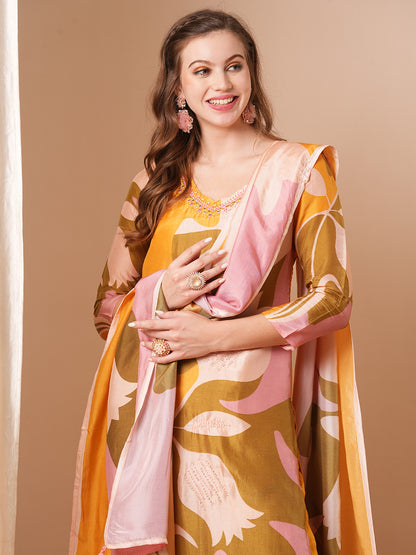 Abstract Printed & Embroidered Straight Kurta with Pant & Dupatta - Yellow