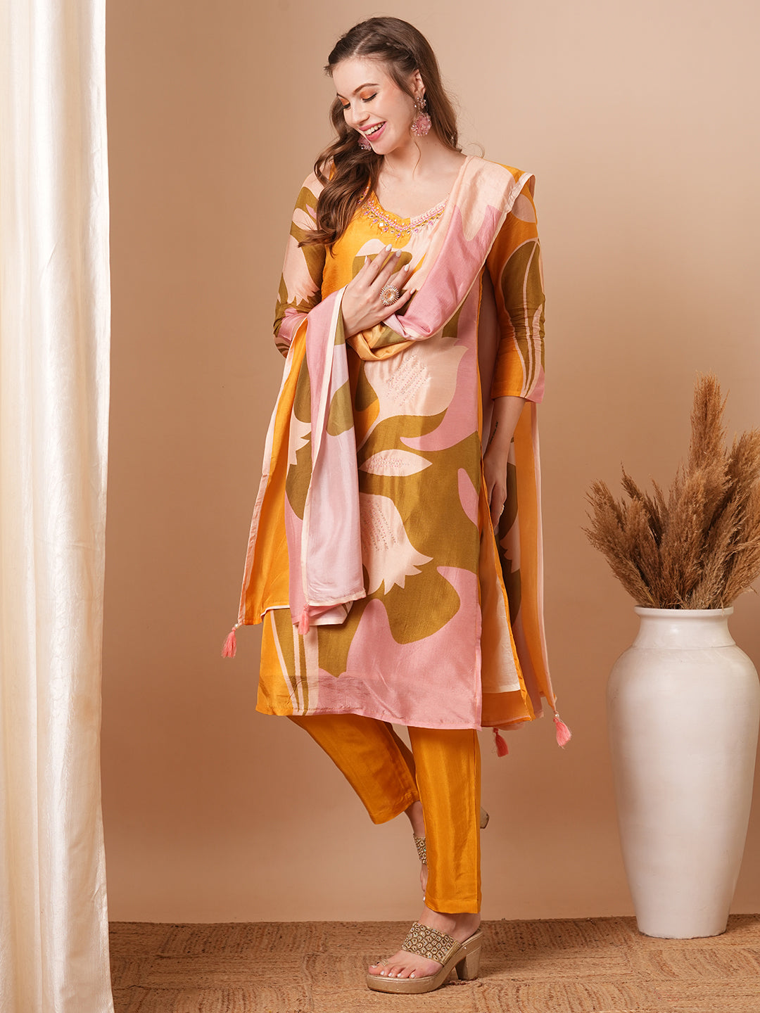 Abstract Printed & Embroidered Straight Kurta with Pant & Dupatta - Yellow