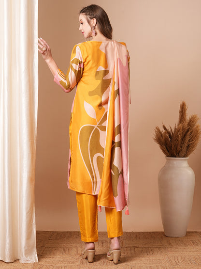 Abstract Printed & Embroidered Straight Kurta with Pant & Dupatta - Yellow