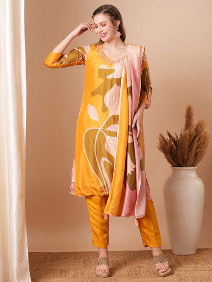 Abstract Printed & Embroidered Straight Kurta with Pant & Dupatta - Yellow