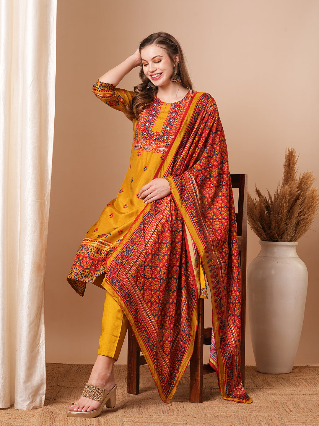 Ethnic Printed & Hand Embroidered Straight Kurta with Pant & Dupatta - Mustard