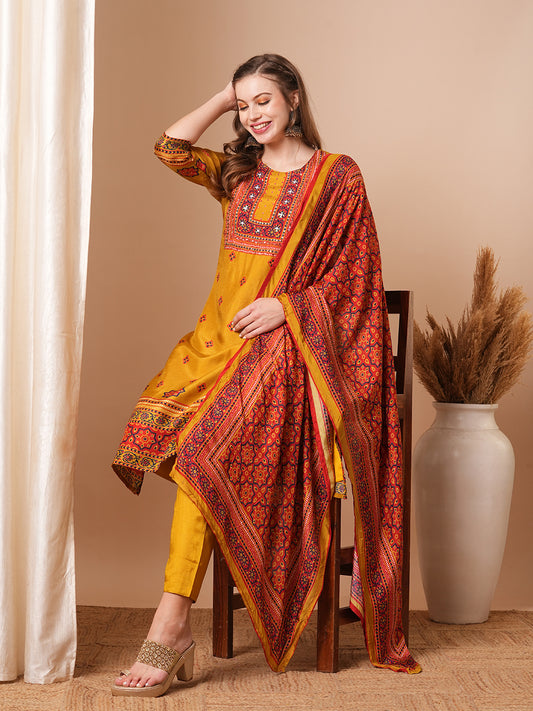 Ethnic Printed & Hand Embroidered Straight Kurta with Pant & Dupatta - Mustard