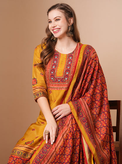 Ethnic Printed & Hand Embroidered Straight Kurta with Pant & Dupatta - Mustard