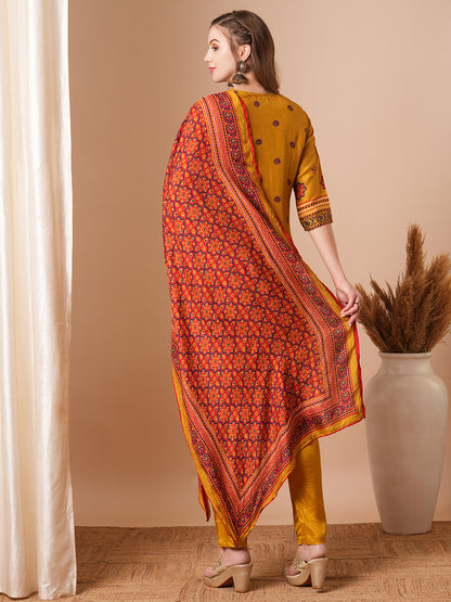 Ethnic Printed & Hand Embroidered Straight Kurta with Pant & Dupatta - Mustard