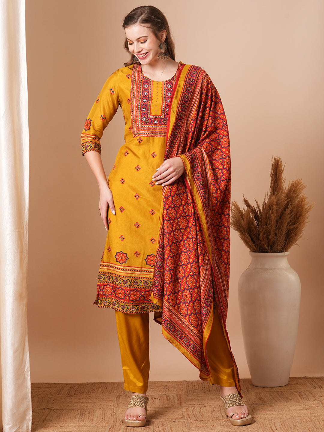 Ethnic Printed & Hand Embroidered Straight Kurta with Pant & Dupatta - Mustard