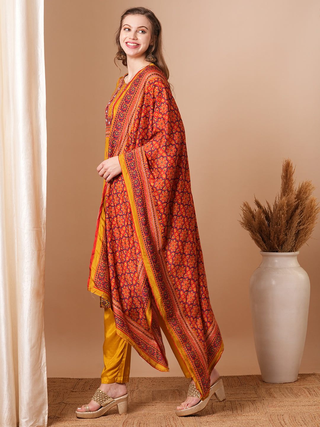 Ethnic Printed & Hand Embroidered Straight Kurta with Pant & Dupatta - Mustard