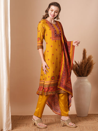 Ethnic Printed & Hand Embroidered Straight Kurta with Pant & Dupatta - Mustard