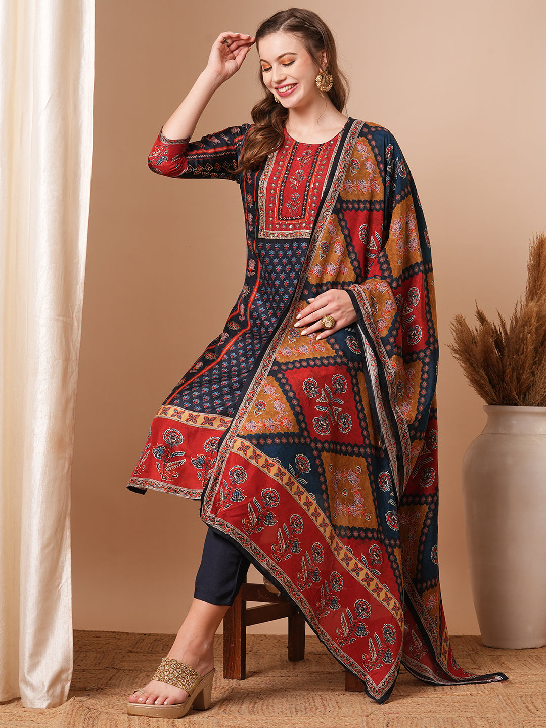 Ethnic Printed & Hand Embroidered Straight Kurta with Pant & Dupatta - Blue