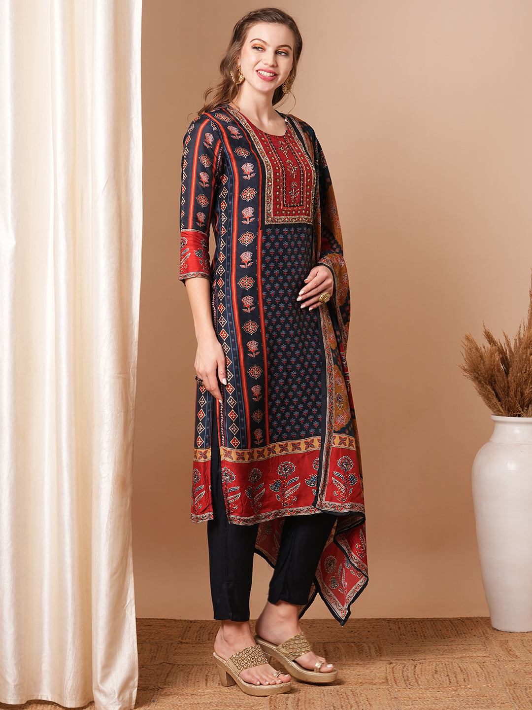 Ethnic Printed & Hand Embroidered Straight Kurta with Pant & Dupatta - Blue