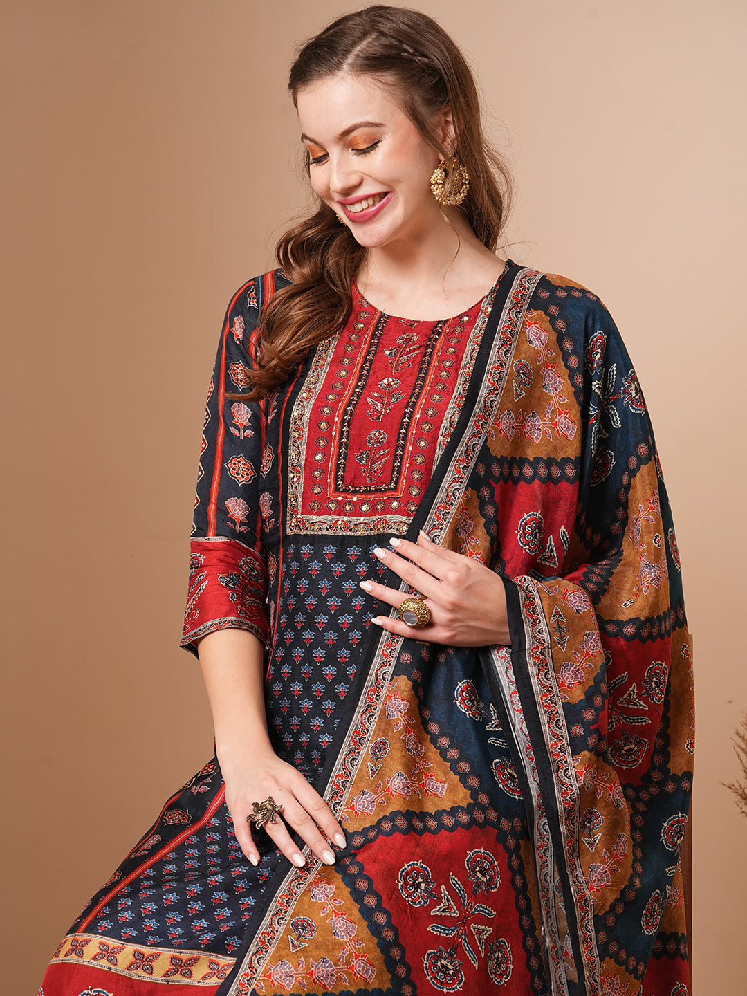 Ethnic Printed & Hand Embroidered Straight Kurta with Pant & Dupatta - Blue