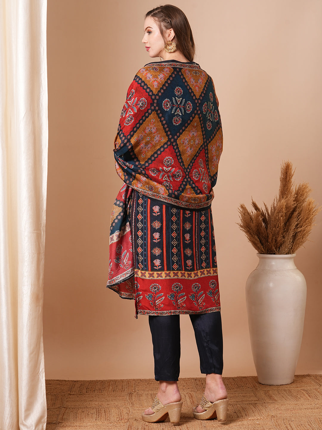 Ethnic Printed & Hand Embroidered Straight Kurta with Pant & Dupatta - Blue