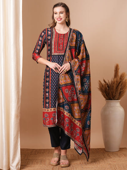 Ethnic Printed & Hand Embroidered Straight Kurta with Pant & Dupatta - Blue