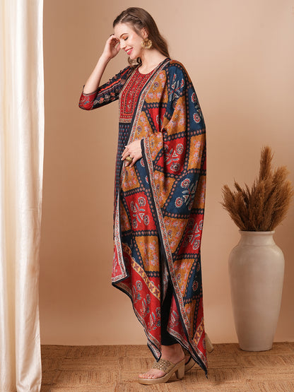 Ethnic Printed & Hand Embroidered Straight Kurta with Pant & Dupatta - Blue