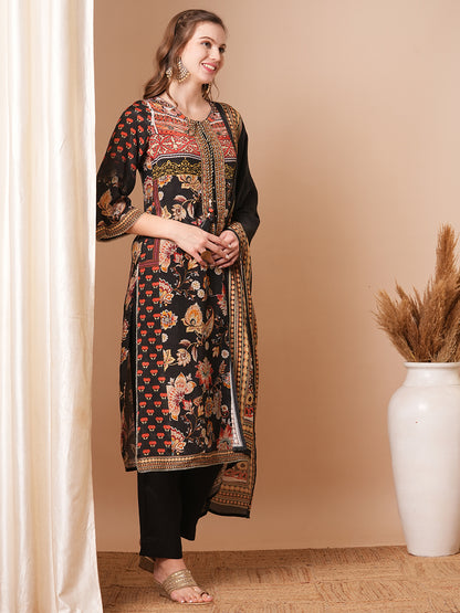 Ethnic Printed & Hand Embroidered Straight Kurta with Pant & Dupatta - Black