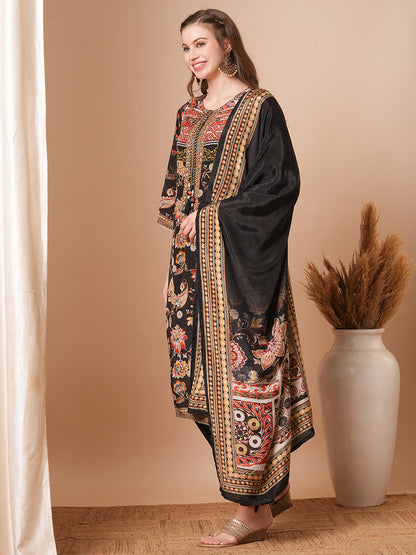 Ethnic Printed & Hand Embroidered Straight Kurta with Pant & Dupatta - Black